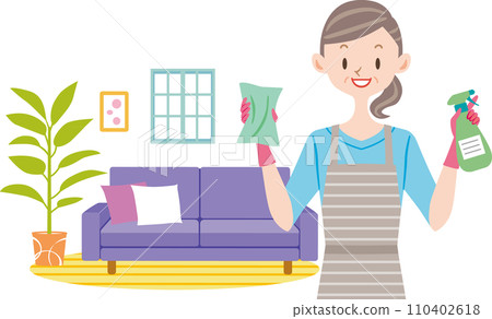 Middle-aged housewife cleaning the house 110402618