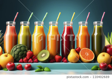 Various freshly squeezed fruits and vegetables juices and their ingredients with on a table. Various freshly squeezed fruits and vegetables juices and their ingredients with on a table. 110402689