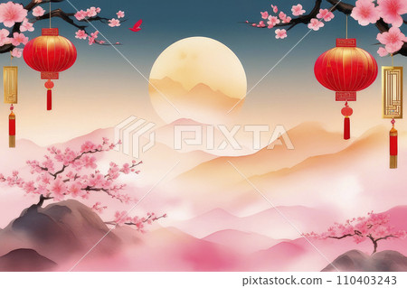 Chinese banner desing concept with flowers and lanterns. 110403243