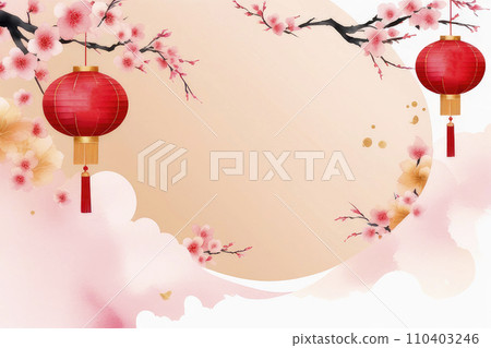 Chinese banner desing concept with flowers and lanterns. 110403246