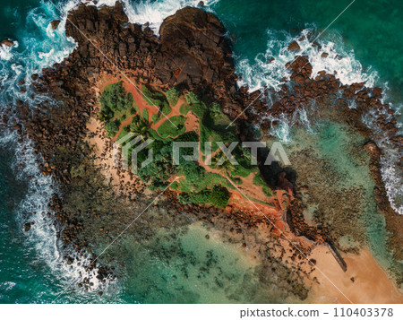 Aerial Drone View of Sri Lanka Small Island Parrot Rock, Mirissa Beach 110403378