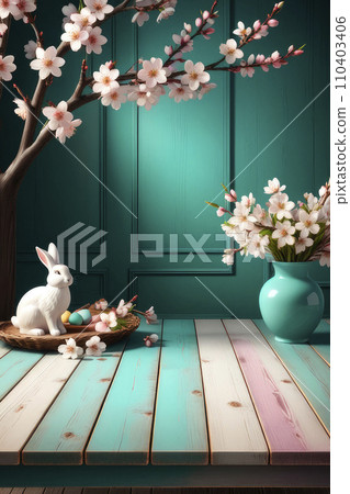 Empty wooden table for product presentation, easter morning. Empty wooden table for product presentation, easter morning. 110403406