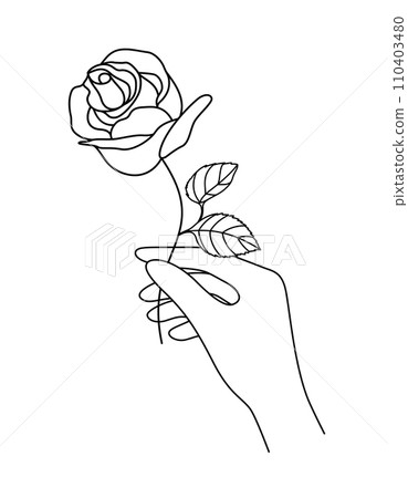 Hand holding rose line art. Woman's hand holding a rose, illustration. 110403480