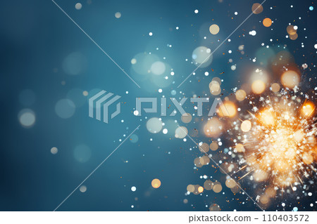 Festive blue background with sparkles and bokeh lights from sparklers. Happy Birthday, Happy New Year. copy space 110403572