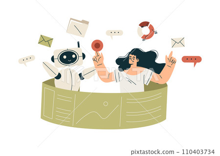 Artificial Intelligence with Woman Character Engaged in Business Process with Bot Vector Illustration 110403734