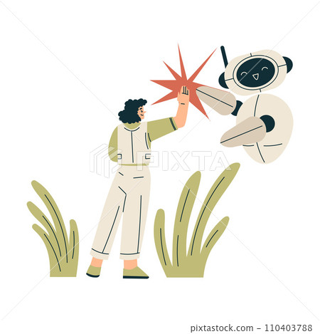 Artificial Intelligence with Woman Character Give High Five with Bot Vector Illustration Artificial Intelligence with Woman Character Give High Five with Bot Vector Illustration 110403788
