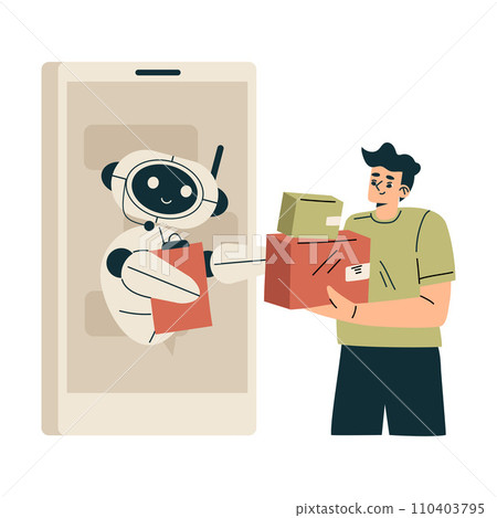 Artificial Intelligence with Man Character Receive Parcel from Bot Vector Illustration Artificial Intelligence with Man Character Receive Parcel from Bot Vector Illustration 110403795