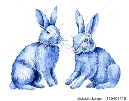 Easter bunny, vintage style watercolor drawing, blue hare Easter bunny, vintage style watercolor drawing, blue hare 110403836