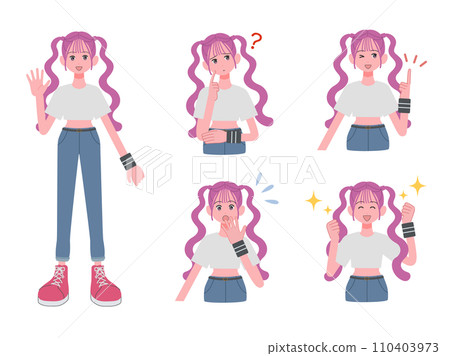 適合穿著休閒服的女孩的臉部表情集 110403973