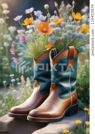 Bouquet of colorful wildflowers in boots in garden on background of green grass. 110403974