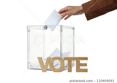 PNG, Transparent box with papers, hand and word Vote, isolated on white background 110404091