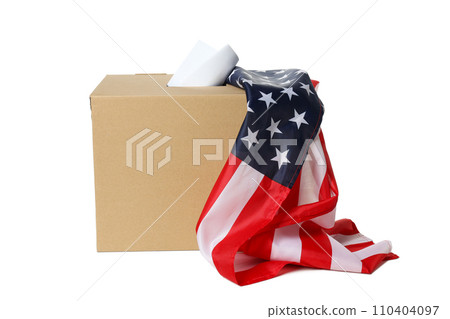 PNG, Box with voting paper and american flag, isolated on white background 110404097