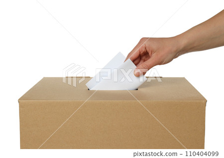 PNG, Box with voting paper and hand, isolated on white background, close up PNG, Box with voting paper and hand, isolated on white background, close up 110404099