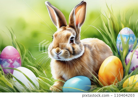 Cute bunny with colorful eggs on white background. Cute bunny with colorful eggs on white background. 110404203