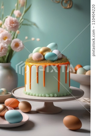 Homemade carrot cake with cream and nuts and pastel colored sugar eggs. Homemade carrot cake with cream and nuts and pastel colored sugar eggs. 110404220