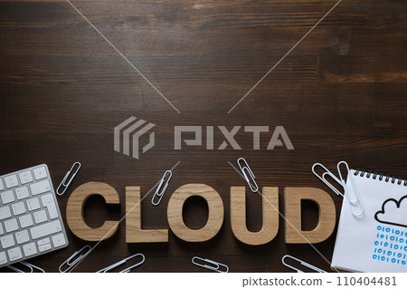 White, paper cloud with gadgets, cloud computing concept White, paper cloud with gadgets, cloud computing concept 110404481