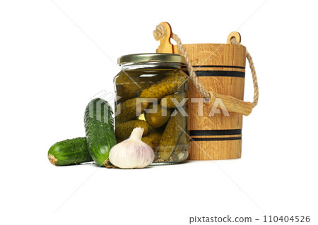 PNG, a can of canned cucumbers, isolated on a white background. 110404526