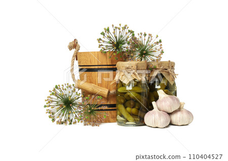 PNG, canned cucumbers in a jar, isolated on a white background. 110404527
