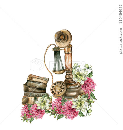 Watercolor rusty old elements and dahlia composition. Hand drawn illustration or a summer garden. Design for baby shower party, birthday, cake, holiday celebration design, greetings card,invitation. 110404622