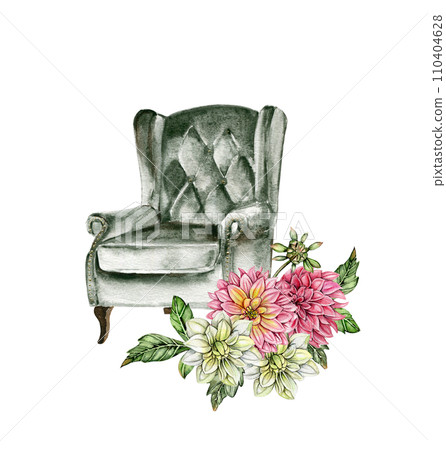 Watercolor rusty old elements and dahlia composition. Hand drawn illustration or a summer garden. Design for baby shower party, birthday, cake, holiday celebration design, greetings card,invitation. 110404628