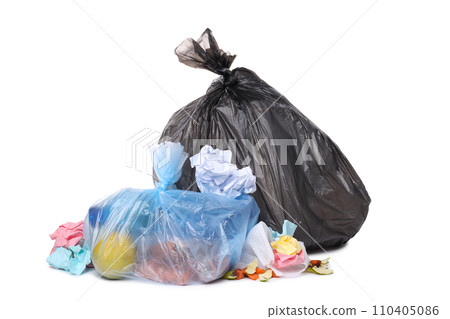PNG, Garbage in black and blue trash bags, isolated on white background 110405086