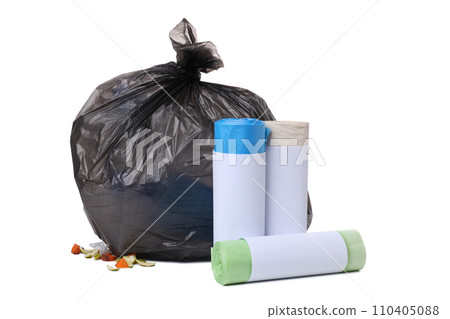 PNG, Garbage in black trash bag and three rolls of trash bags, isolated on white background 110405088