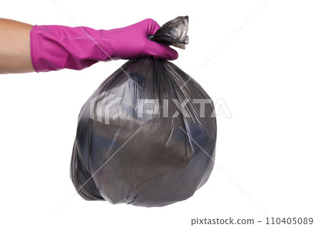 PNG, Black bag with rubbish in gloved hand, isolated on white background PNG, Black bag with rubbish in gloved hand, isolated on white background 110405089