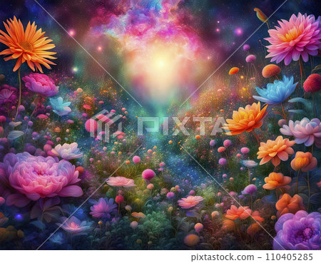A cosmic landscape of summer flowers with a path leading into the sky. Creative landscape for book cover design 110405285