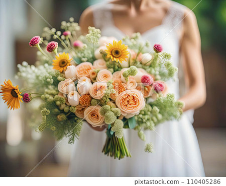 Delicate bridal bouquet of summer flowers. Wedding concept, bouquet design 110405286