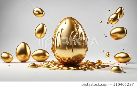 3D golden melting Easter eggs flying in the air. Creative picture for Easter celebration 110405287