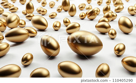 3D golden Easter eggs flying in the air. Creative picture for Easter celebration 110405290