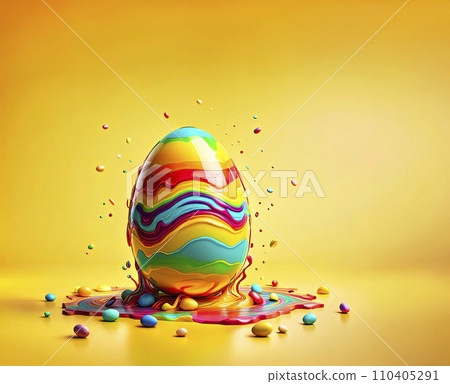 Melting colorful Easter egg on yellow background. Creative picture with flowing colors, Easter celebration 110405291
