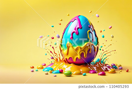Melting colorful Easter egg on yellow background. Creative picture with flowing colors, Easter celebration Melting colorful Easter egg on yellow background. Creative picture with flowing colors, Easter celebration 110405293