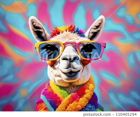 A creative collage of a portrait of a llama and a pineapple, bright rich colors, colorful background. Summer holiday concept, creative weekend A creative collage of a portrait of a llama and a pineapple, bright rich colors, colorful background. Summer holiday concept, creative weekend 110405294