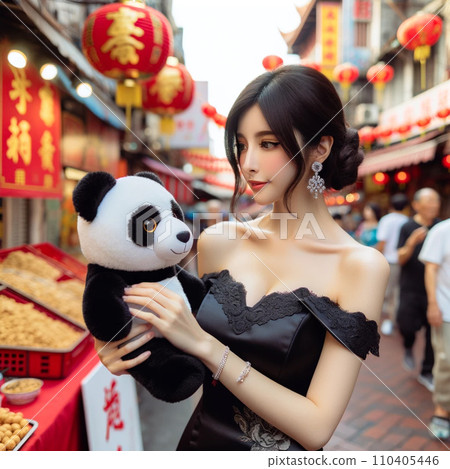 【AI Beauty】華服美女在唐人街雜貨店發現熊貓後開心不已 【AI Beauty】華服美女在唐人街雜貨店發現熊貓後開心不已 110405446