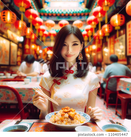 【AI Beauty】唐人街中餐廳,穿著旗袍的美女吃著美味的炒飯 【AI Beauty】唐人街中餐廳,穿著旗袍的美女吃著美味的炒飯 110405447