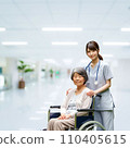 AI image of a Japanese nurse and a patient in a wheelchair. There is space for text. . 110405615