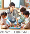 This is an AI image. A scene where nurses and children are happily playing together in a pediatric ward. 110405616