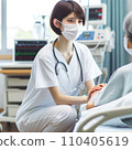 This is an AI image. This is a scene where a nurse is talking to a patient in a hospital room. 110405619
