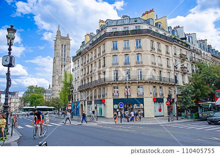 The streets of Chatelet, in the Marais district of Paris. The Saint-Jacques Tower can be seen in the distance. Retouch in oil painting style The streets of Chatelet, in the Marais district of Paris. The Saint-Jacques Tower can be seen in the distance. Retouch in oil painting style 110405755