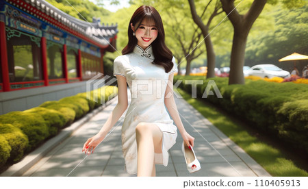 [AI beauty] A beautiful woman in a Chinese dress who is happy for some reason when her shoes come off during a walk 110405913