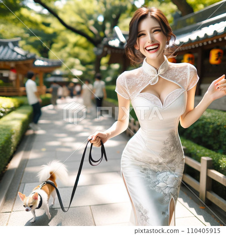 【AI美顏】旗袍美女遛狗大笑 110405915