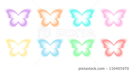 Butterfly shapes in holographic blurry style. Trendy y2k stickers with gradient aura effect in different pastel colors isolated on white background 110405970