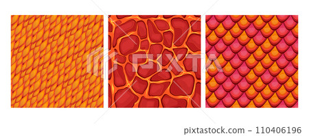 Cartoon Color Different Dragon Skin Background Set Concept Flat Design Style Textures of Reptile or Fantasy Monster. Vector illustration 110406196