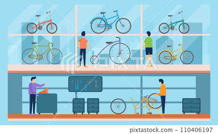 Cartoon Color Bicycle Bike Store with People Interior Inside Scene Concept Flat Design Style. Vector illustration 110406197