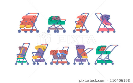 Cartoon Color Baby Strollers Prams Icons Set Concept Flat Design Style . Vector illustration of Kids Transport 110406198