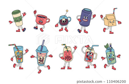 Cartoon Color Groovy Hippie Drinks Mascots Vintage Set Concept Flat Design Style Include of Juice and Lemonade. Vector illustration 110406200