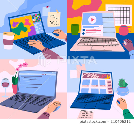 Cartoon Color Laptop Screen Working Set Different Workplaces Concept Flat Design Style. Vector illustration of Work From Home 110406211