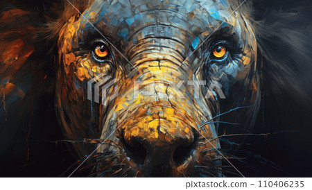 Oil painting of the head of an adult lion. Close up of a lion's eyes looking at the camera 110406235