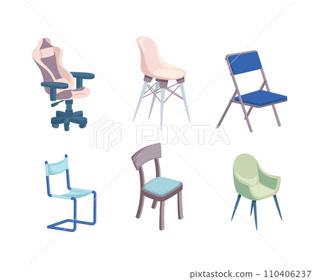 Cartoon Color Different Type Chair Icon Set for Office and Home Elements Interior Concept Flat Design Style. Vector illustration 110406237